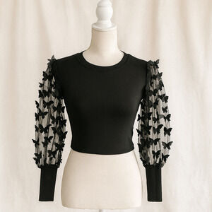 Tween Diva 8 Butterfly Mesh Sleeve Crop Top Croquette Goth Inspired Y2K Cute